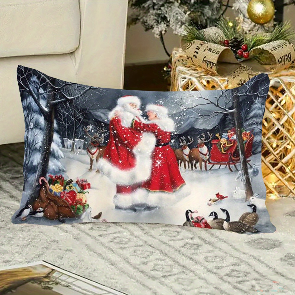 

Vintage Style Christmas Throw Pillow Cover, Short Plush 12x20 Inch Decorative Sofa Cushion Case, Double-sided Santa Claus And Reindeer Design, Machine Washable With Zipper Closure For Room Decor - 1pc