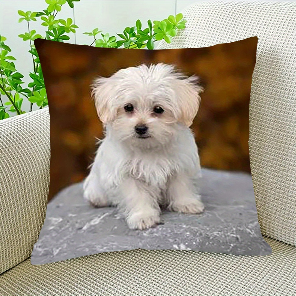 

1pc Contemporary Style Short Plush Throw Pillow Cover, Double-sided Maltese Puppy Print, Machine Washable, Zipper Closure, Room Decor, Woven Polyester, 18x18 Inch - Sallun-3011