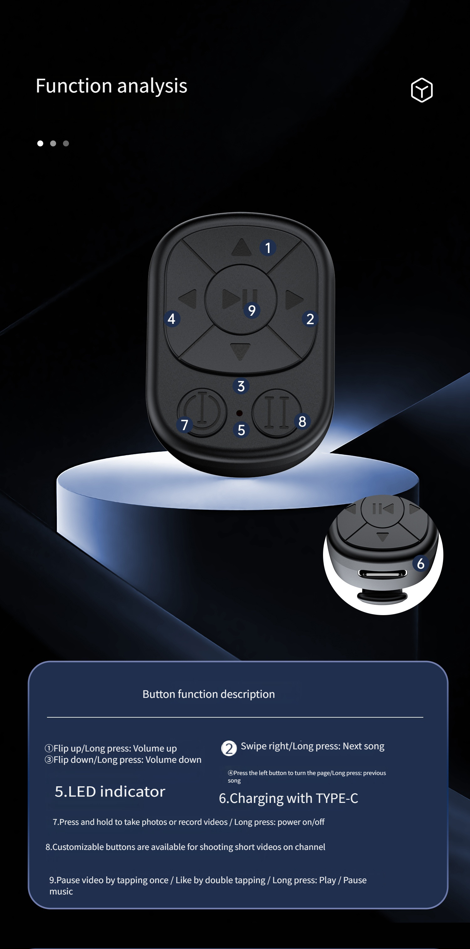 Mobile Phone Multifunctional Ring Remote Control Wireless Page Turning Controller Portable Camera Shutter Compatible with iPhone Tablet Android Rechargeable Application Page Turning