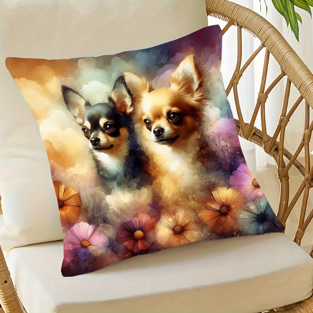 

1pc, Short Plush Pillowcase, Double-sided Printed 18x18 Inch, Sea Of Flowers Chihuahua, Suitable For Sofa, Living Room, Bedroom Home Decoration, No Pillow Mingcc3169