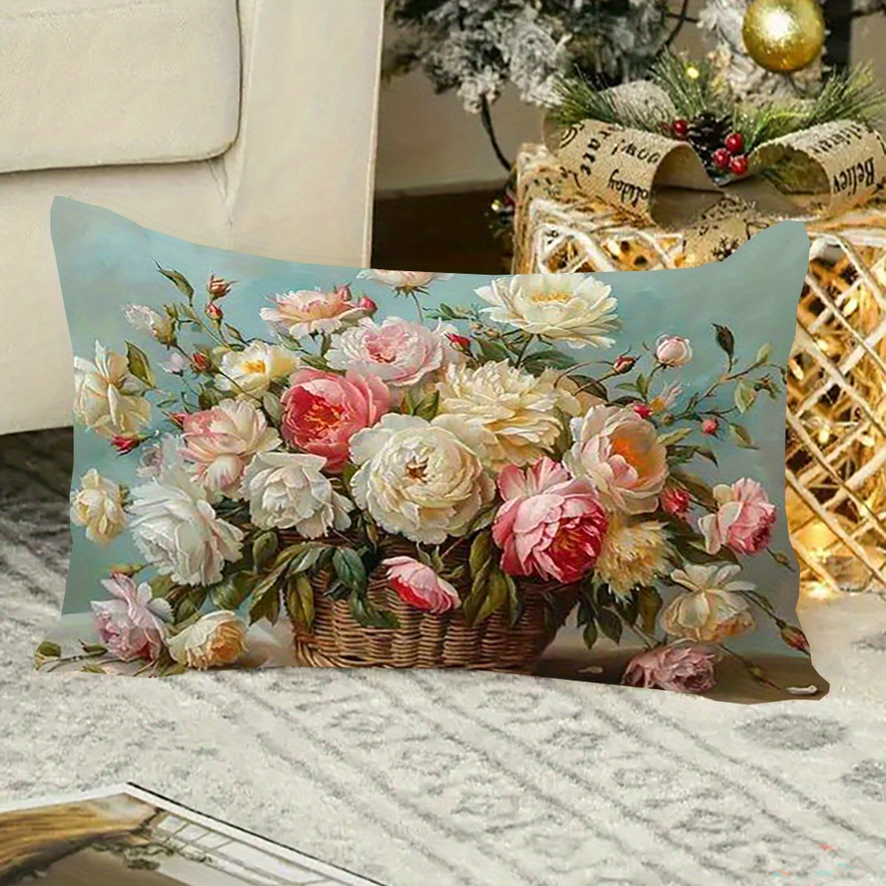 

Vintage Floral Basket Throw Pillow Cover - Short Plush, Double-sided And Rose Print, Machine Washable, Zipper Closure, 12 X 20 Inch Decorative Sofa Cushion Case For Room, Polyester - 1pc