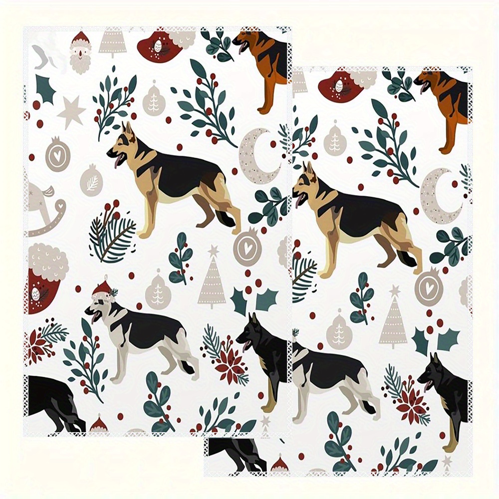 

2-pack German Shepherd Christmas Dishcloths - Contemporary Polyester Knit Fabric, Fade Resistant, Machine Washable, Cartoon Dog Printed Kitchen Towels For Home And Restaurant Decor - 16x24 Inches