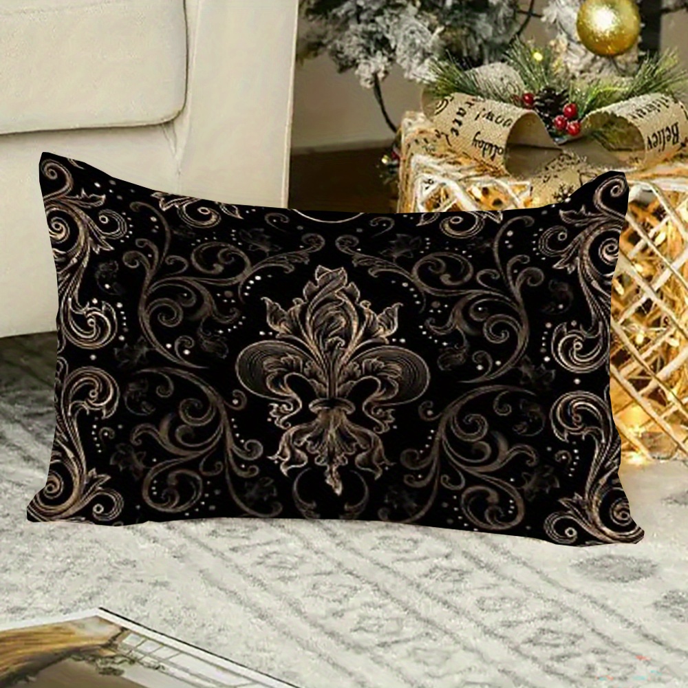 

Fleur Black & Golden Double-sided Throw Pillow Cover, 12x20 Inch - Soft Plush, Zip Closure, Machine Washable For Living Room, Bedroom, Sofa Decor - Perfect Christmas Gift, Best For Christmas