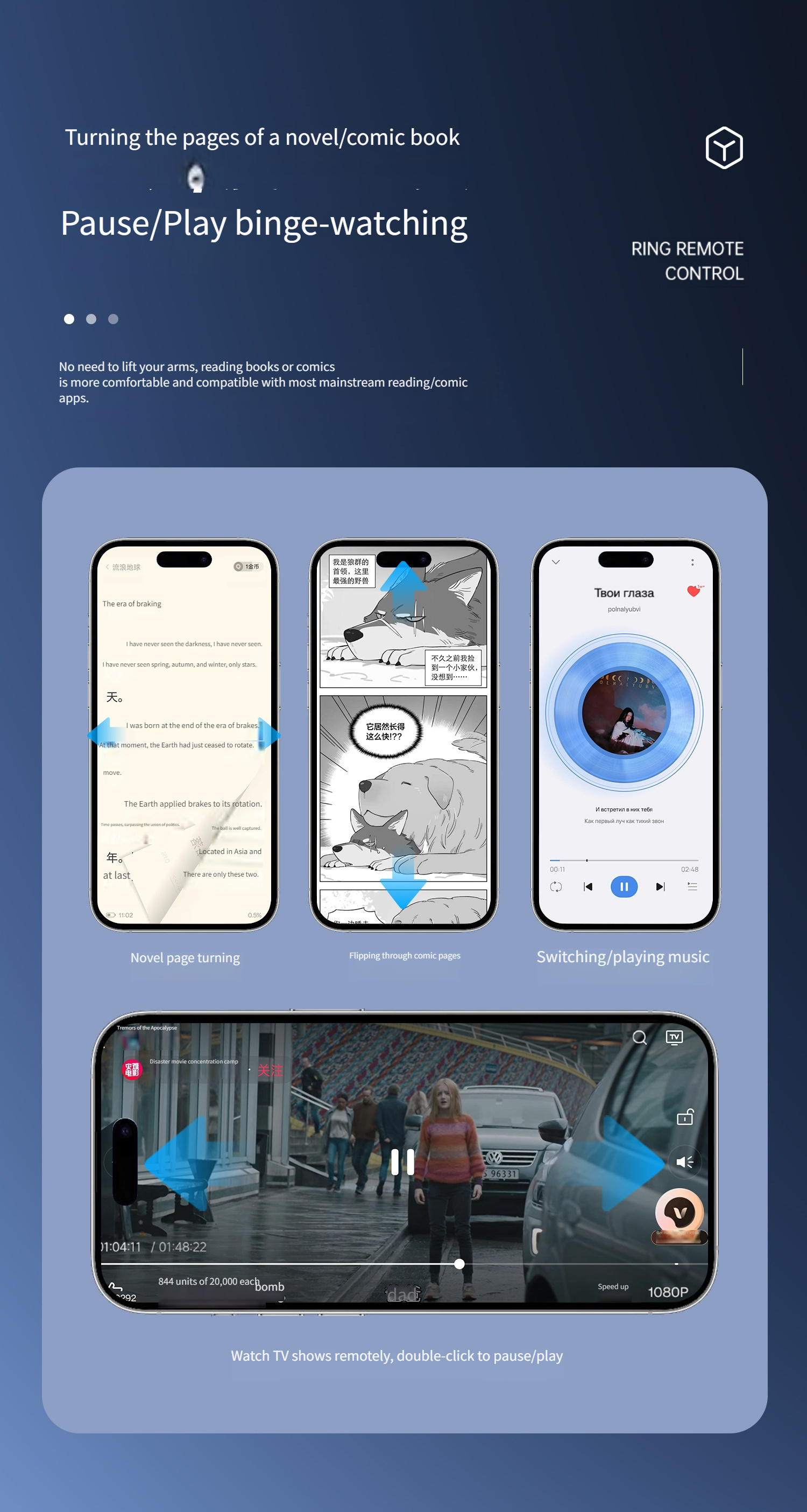 Mobile Phone Multifunctional Ring Remote Control Wireless Page Turning Controller Portable Camera Shutter Compatible with iPhone Tablet Android Rechargeable Application Page Turning