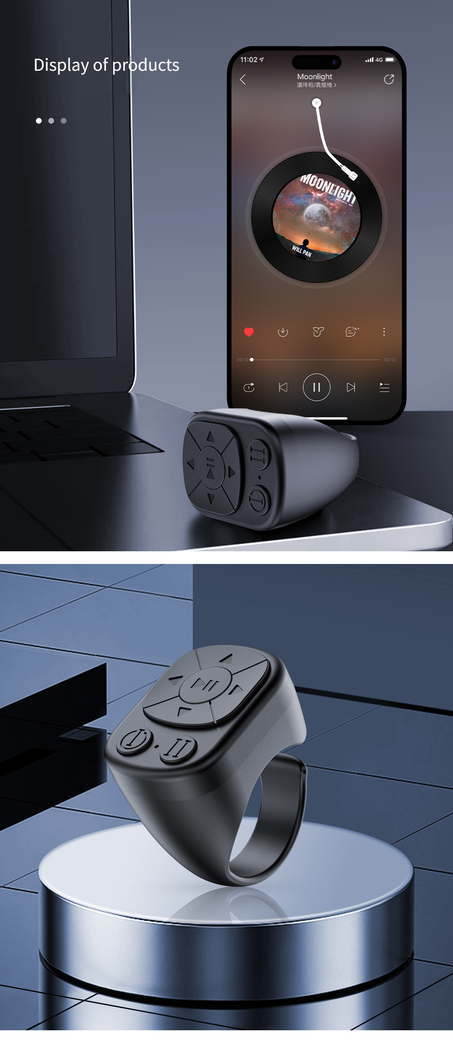 Mobile Phone Multifunctional Ring Remote Control Wireless Page Turning Controller Portable Camera Shutter Compatible with iPhone Tablet Android Rechargeable Application Page Turning