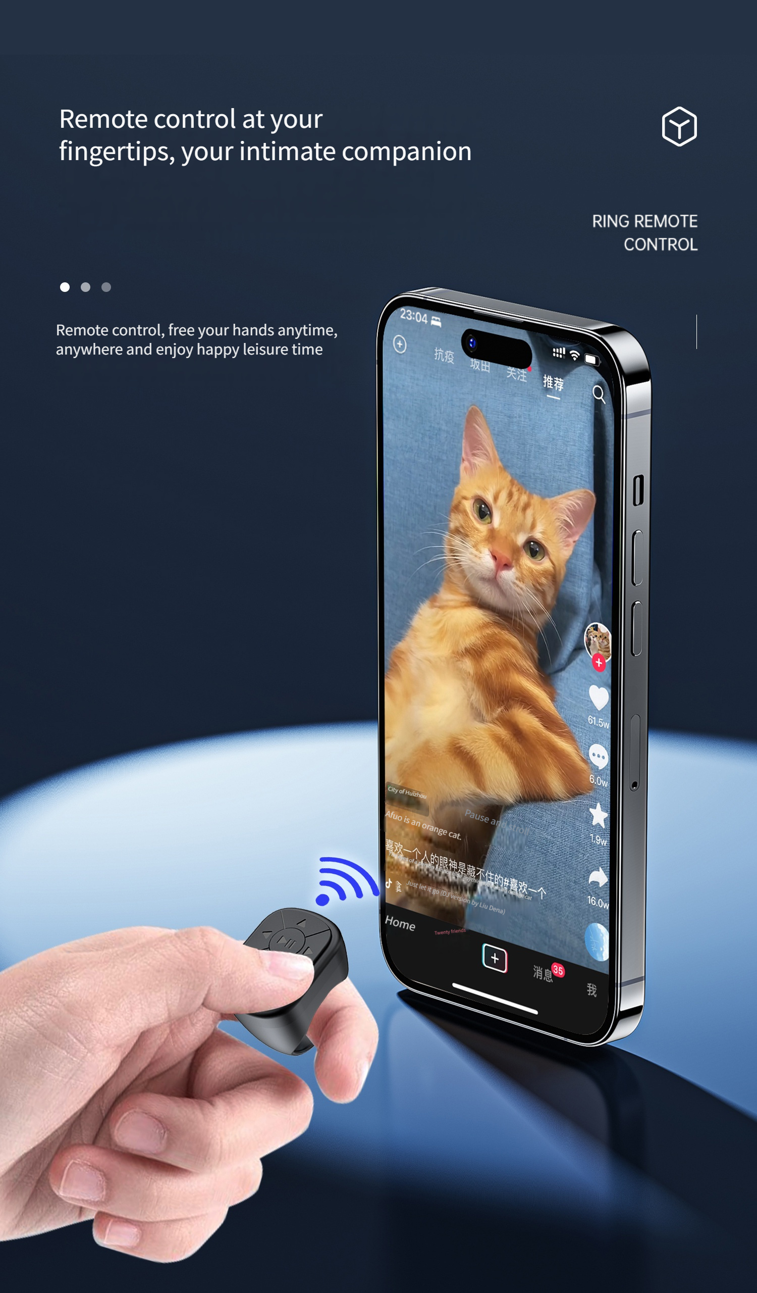 Mobile Phone Multifunctional Ring Remote Control Wireless Page Turning Controller Portable Camera Shutter Compatible with iPhone Tablet Android Rechargeable Application Page Turning