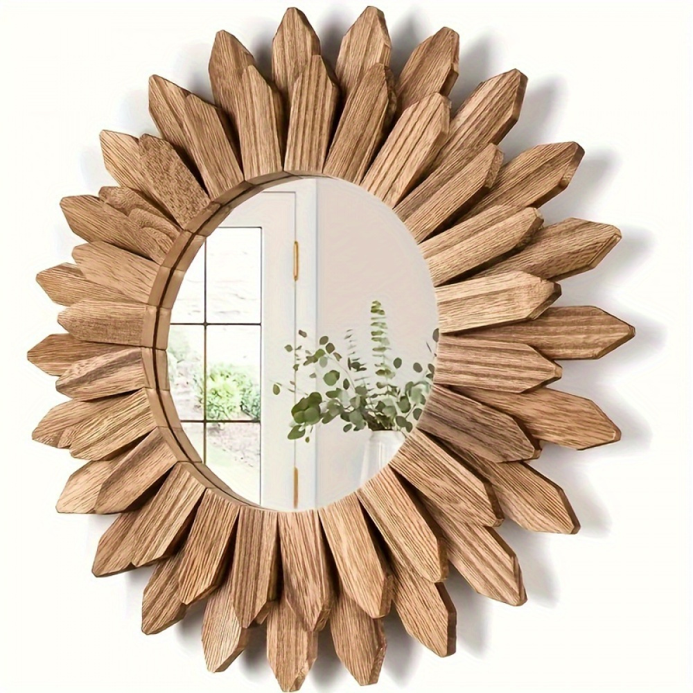 

Boho Chic Sunflower Wall Mirror - 1pc Wooden Round Hanging Mirror With Hollow Lace Details, Fantasy Theme Decor Ideal For Bedroom, Kitchen, And Bathroom