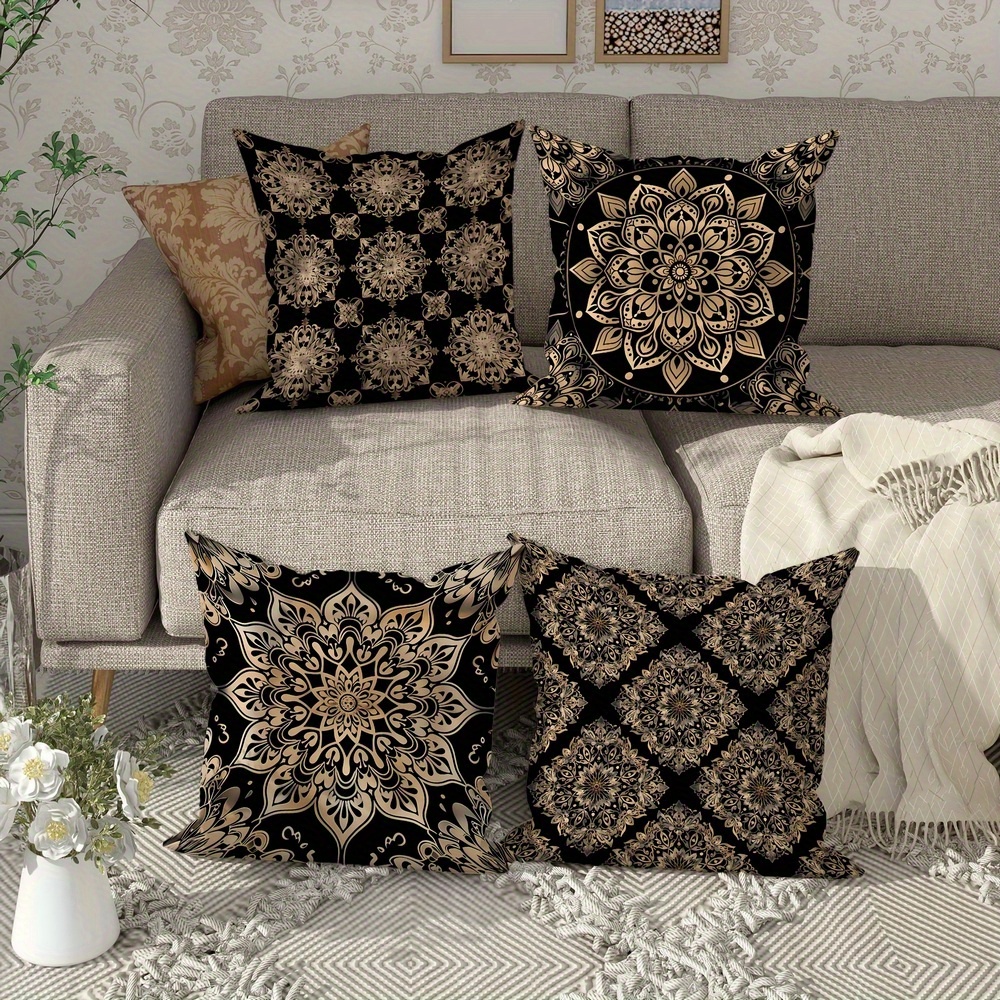 

4pcs Short Plush Bohemian Turkish Mandala Throw Pillow Cases (18x18 Inches) Cushion Cover Couch Sofa Pillow Covers For Living Room Car Bedroom & Office (no Pillow )