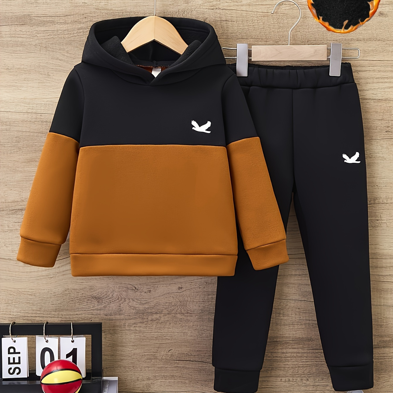 

2pcs Boy's Bird Pattern Color Blocking Hooded Long Sleeve Sweatshirt + Pants, Co-ord Casual Comfy Set For Autumn And Winter As Gift