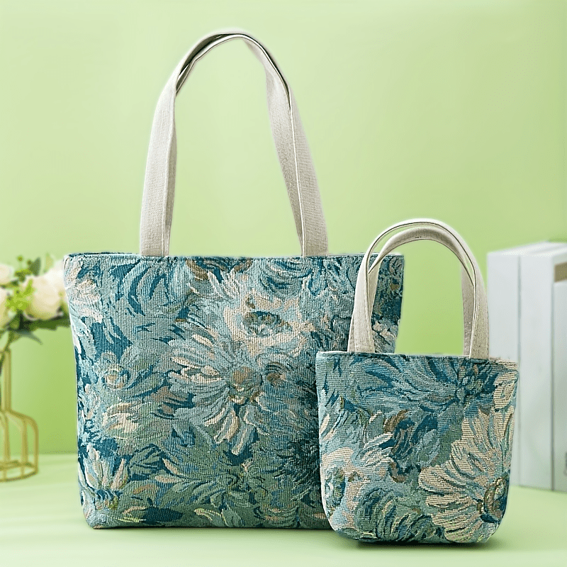 

2 Sizes Floral Embroidered Canvas Tote Bag Set, Women's Chic Vintage Style Handbag With Fixed Shoulder Straps, Zipper Closure, Canvas Lining, Paint Detail,