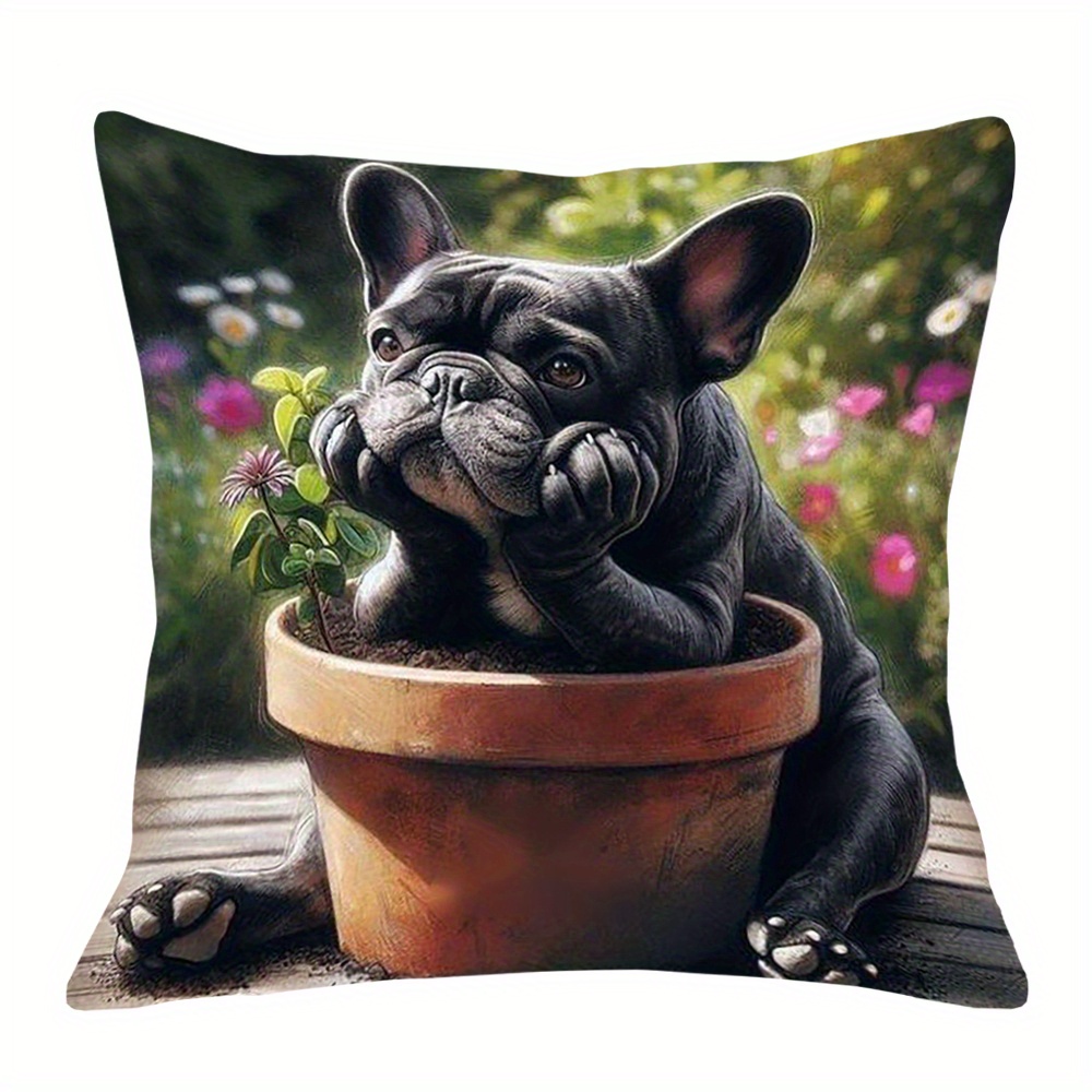 

1pc Humorous French Bulldog Short Plush Pillowcase - Polyester Double-sided Print, 18x18 Inch Throw Pillow Cover For Living Room, Sofa, Bedroom Decor - Suitable For 14+