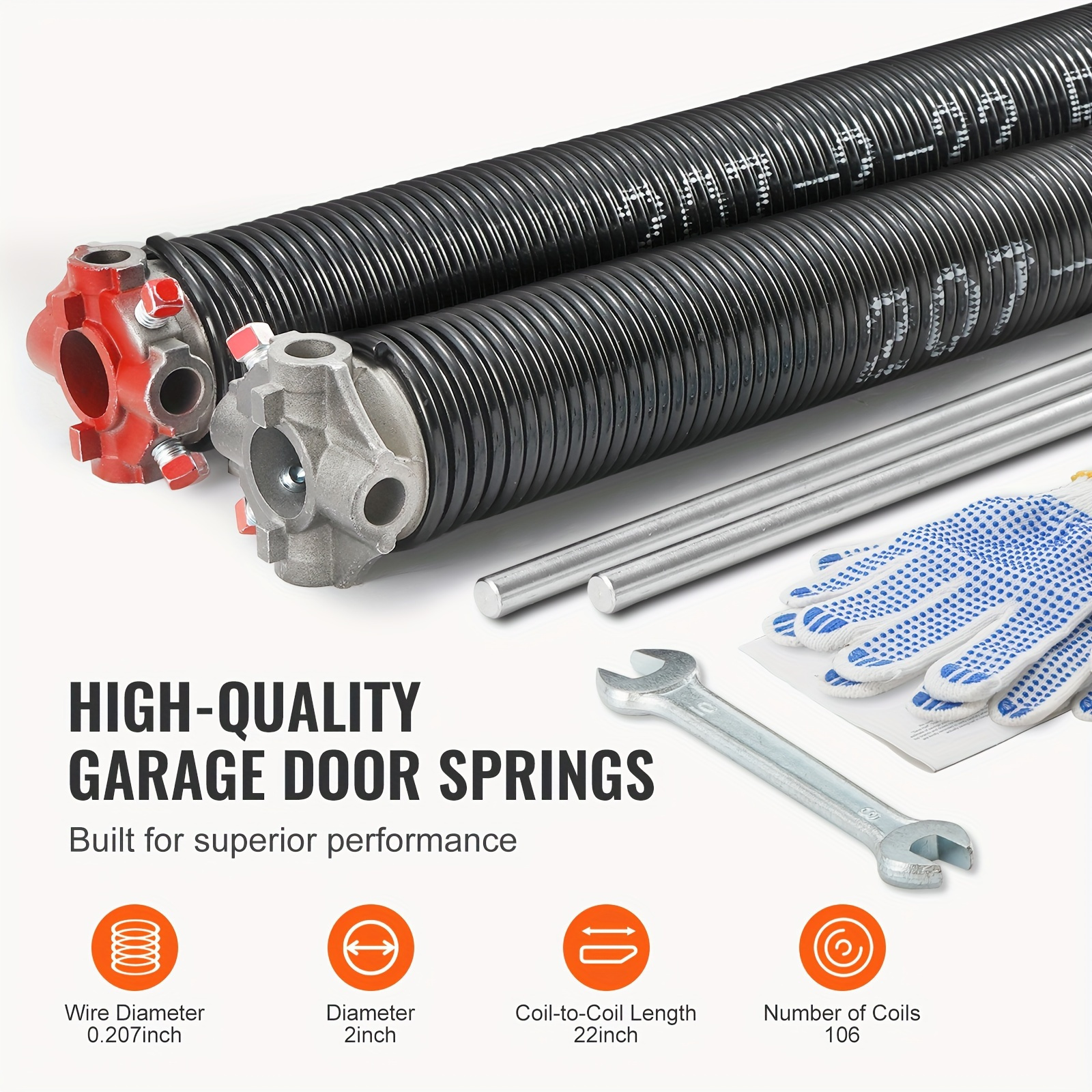 

Vevor Garage Door Torsion Springs, Pair Of 0.207 X 2 X 22inch, 16000 Cycles, Garage Door Springs With Non-slip Winding Bars, Gloves And Mounting Wrench, Electrophoresis Coated For Replacement