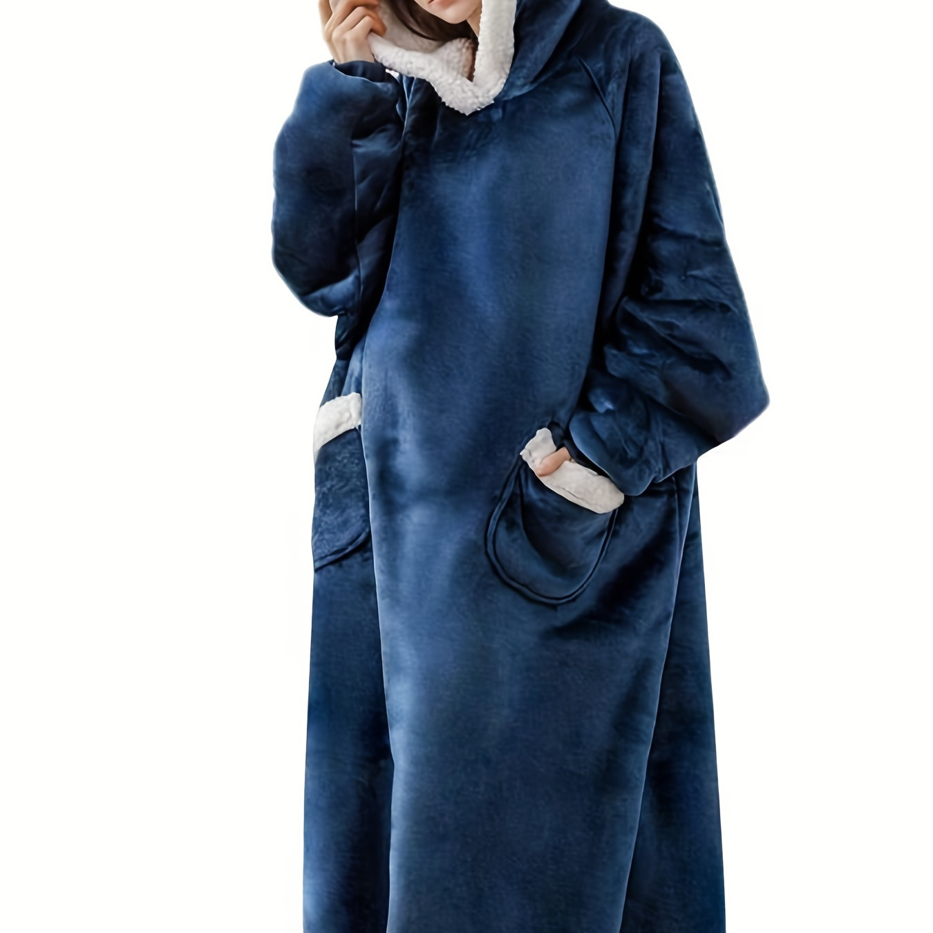 

Plus Size Casual Loungewear Robe, Women's Plus Long Sleeve Oversized Flannel Hooded Wearable Fleece Blanket With Pockets