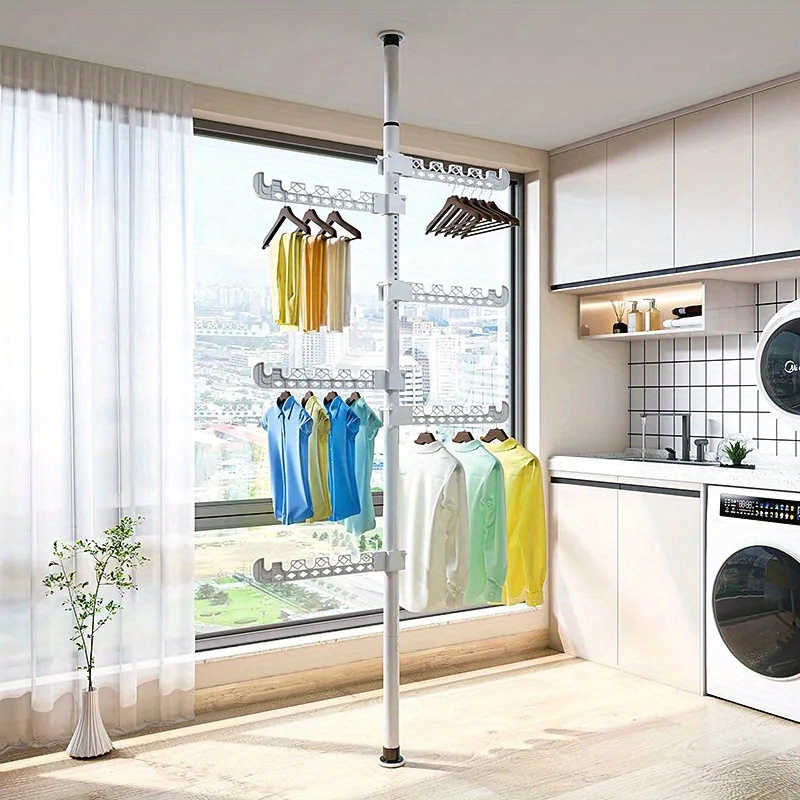 

1pc 5 Hanging Rack Floor Standing, Clothes Display Rack, Balcony Floating Window Coat Rack, Tension Hanging Rack From , Adjustable Stainless Steel Rod In Corner Clothesline, For Hotel Use