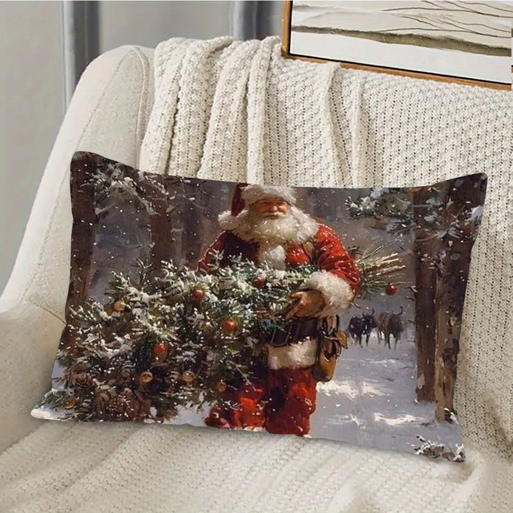 

1pc, Christmas Pillow, 12x20 Inches, Double-sided Print, Polyester, Colors, Santa Collecting Trees Design, Bedroom Sofa & Bed Decor, No Insert