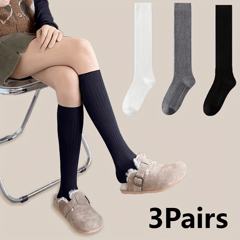 

3pcs Elegant Women's Knee-high Socks - Solid Color, Ribbed Knit Calf Stockings, Polyester & Elastane , Fall & Winter, In Black, White, Gray, Cute Socks