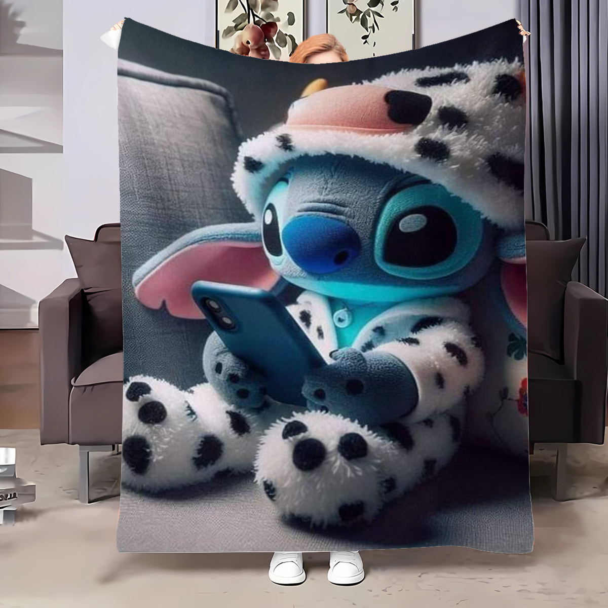 

Jit Cartoon-style Stitch Character Plush Toy & Polyester Blanket Set - For Home Decor, Picnics, Travel, All - & Holiday Gift For Teens & Adults