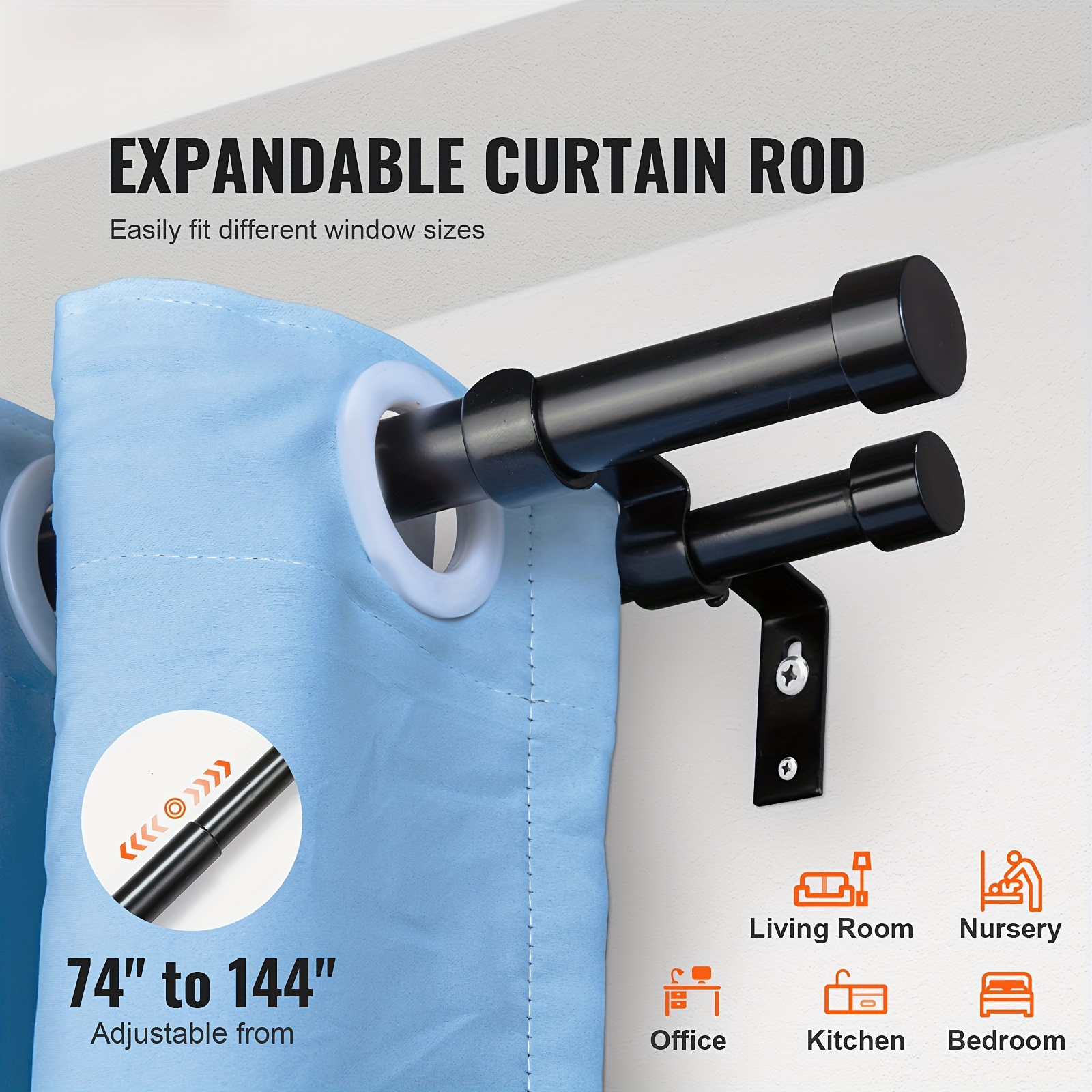 

Vevor 1 Double Curtain 74 To 144 (6-12ft), For 69 To 140 , Telescoping Curtain Rod Round Finials,