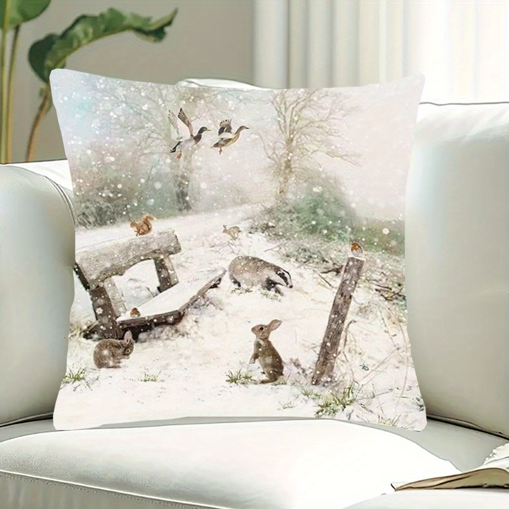 

Vintage Winter Wildlife Short Plush Throw Pillow Cover 18x18 Inch, Machine Washable, Double-sided Rabbit And Squirrel Snow Scene, Zippered Polyester Decorative Pillowcase For Room Types - Mingcc1093