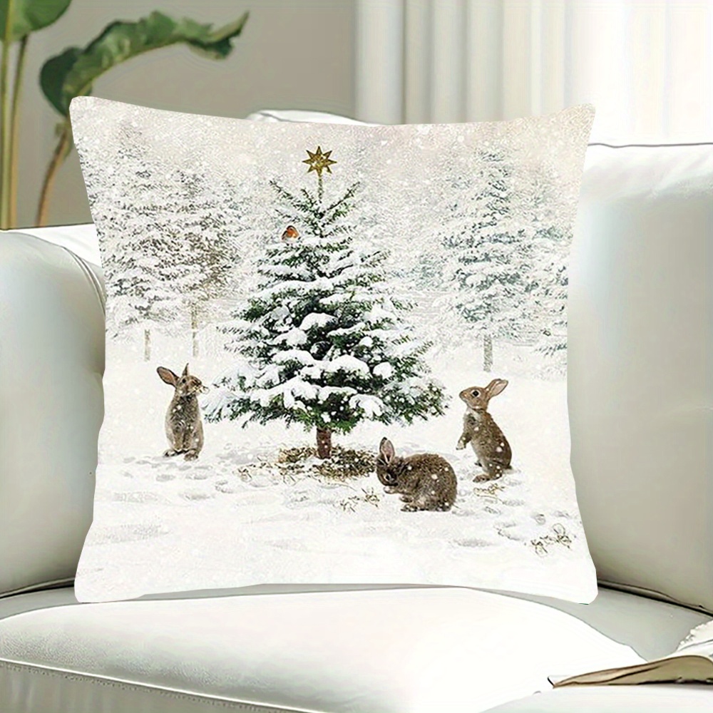 

Christmas Tree & Rabbits 18x18" Pillowcase - Double-sided, Washable, Zip For Sofa & Bedroom Decor