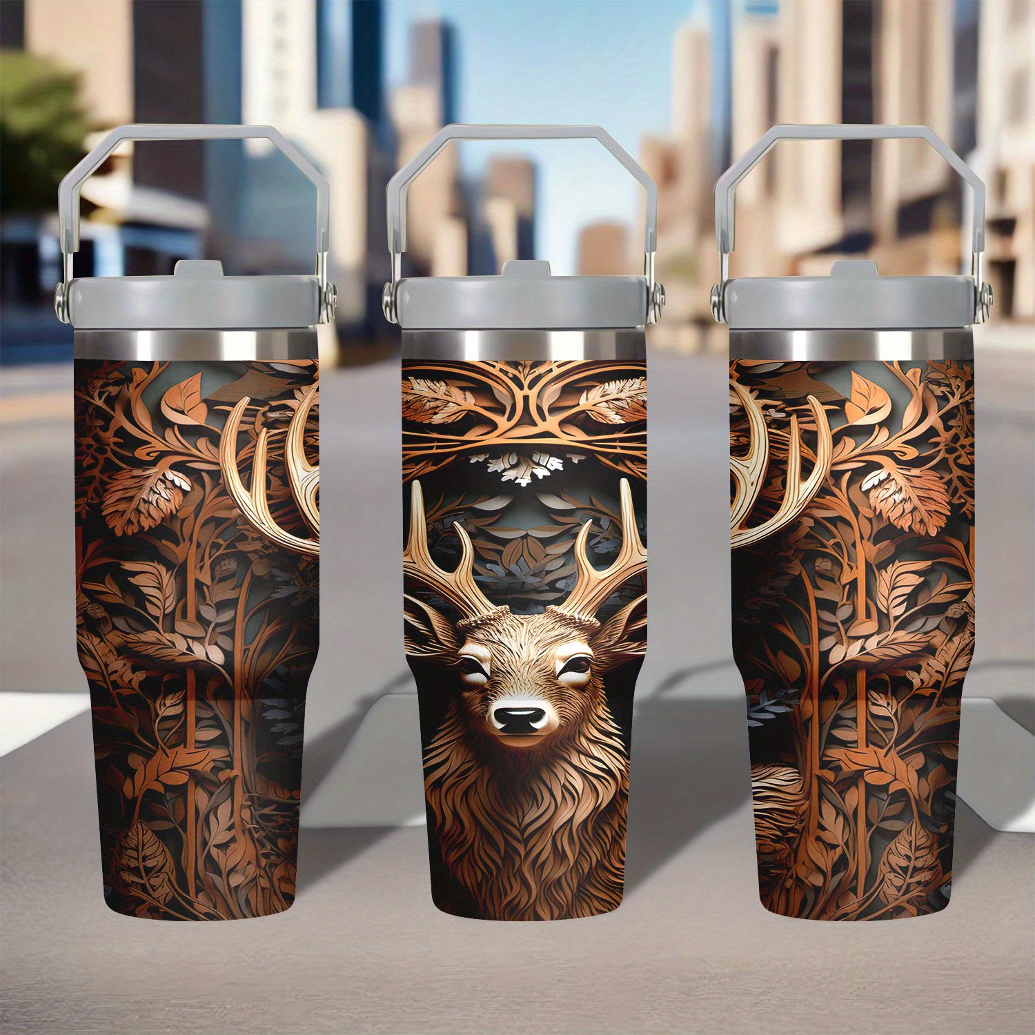 

30oz Deer Design Vacuum Insulated Bottle, 304 Stainless Steel, Portable With Lid & Straw For Home, Travel, Outdoor - Drinks Hot Or Cold - Ideal Gift For Mom, Lover, Friends