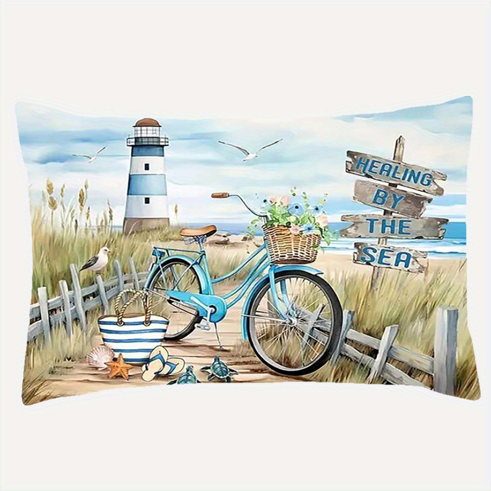 

1pc Nautical Lighthouse And Beach Vintage Bicycle Polyester Throw Cushion Cover 12x20 Inch, Double-sided Print For Sofa And Bed, Suitable For 14+ - Sallun-1908