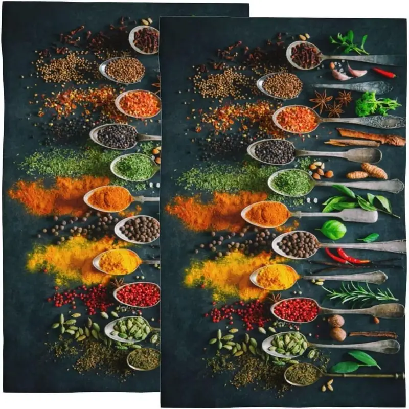 Spice-Themed Hand Towels Set Of 2 - Microfiber, 27.5x16 In, Highly Absorbent For Kitchen & Bathroom