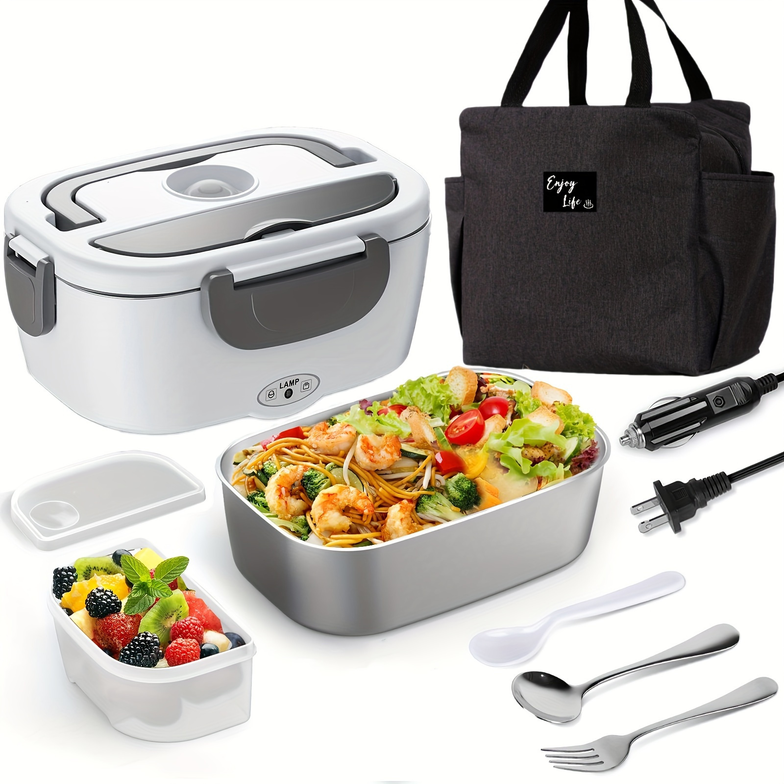 

Electric Lunch Box Heater Portable Food Warmer Leakproof Lunch Box For Car/home/trunk 3 In 1 With 1.5l Removable Stainless Steel Container, Tablewaremeal Bag Baskets, Bins & Containers