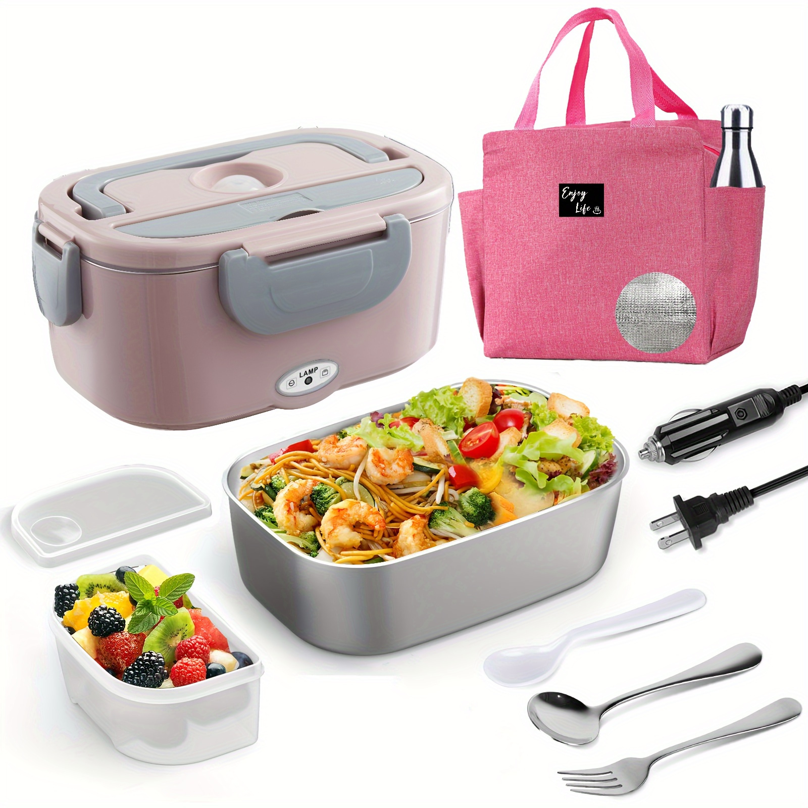 

Electric Lunch Box Heater Portable Food Warmer Leakproof Lunch Box For Car/home/trunk 3 In 1 With 1.5l Removable Stainless Steel Container, Tablewaremeal Bag Baskets, Bins & Containers