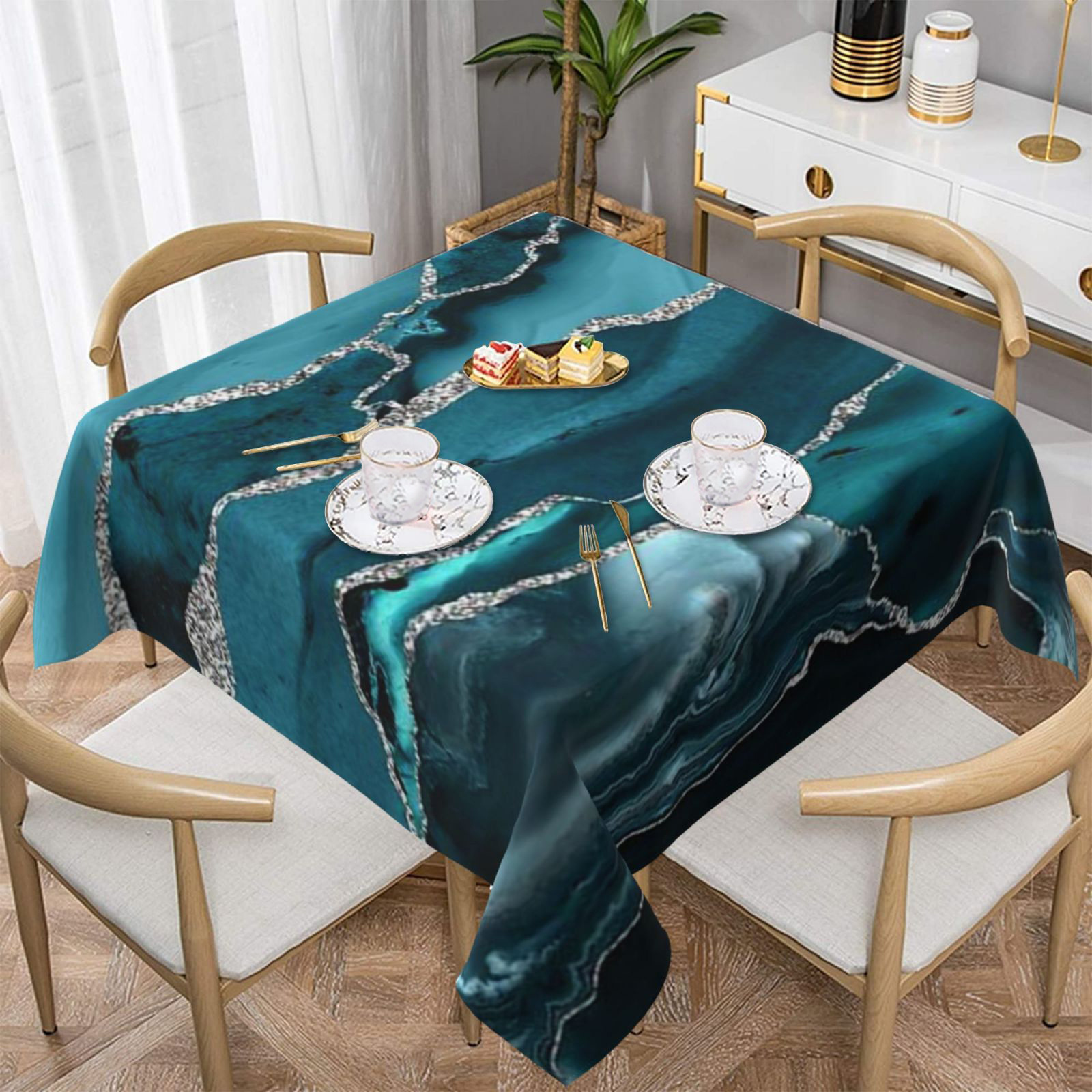 

1pc, 60x60inch Polyester Tablecloth, Turquoise Marble Design, Single-sided Print, Decor, No Power Required, Christmas And Party Decoration