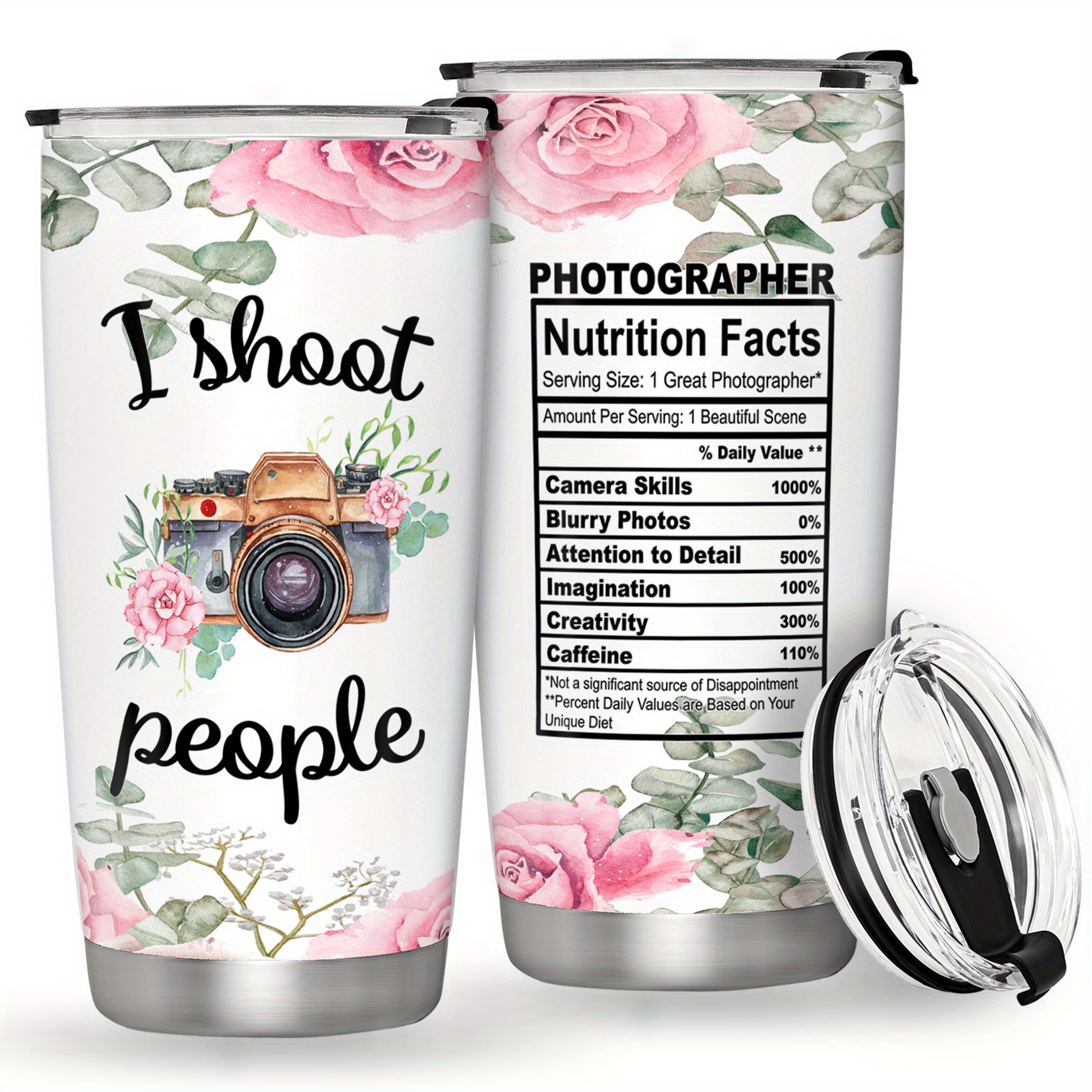 

20oz Stainless Steel Photographer - Floral & Camera Design, Leak-proof Coffee Mug , Perfect Gift For Birthdays, Christmas, Day - Bpa-free, Thanksgiving