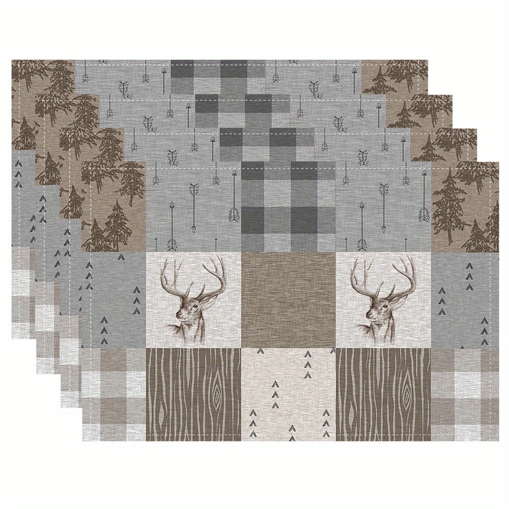 

4-pack Deer Patchwork Rustic Placemats, 12x18 Inch Linen Table Mats, Handwash Only, Square, Woven, For Dining, Kitchen, Party, Indoor, Holiday, Dinner Decor