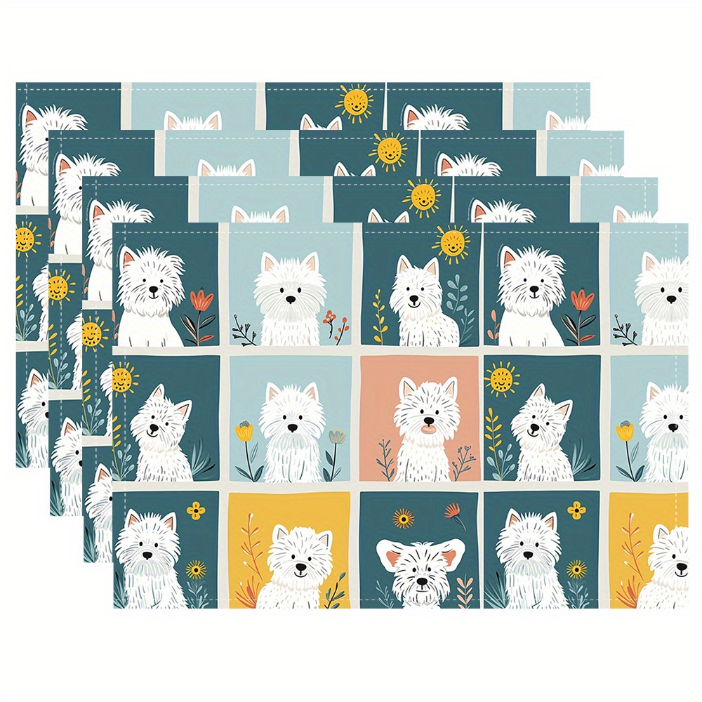 

4-pack Terrier Cartoon Linen Placemats, 12x18 Inch Square Table Mats, Hand Washable, Woven Fabric, For Dining, Kitchen, Party, Home Decor