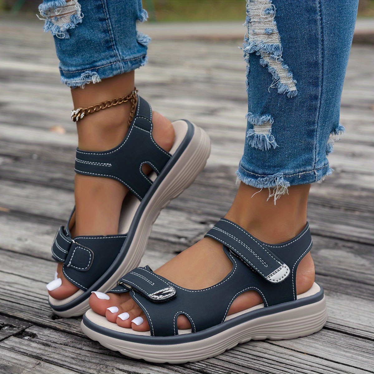 Women's Casual Chunky Heel Sandals - Solid Color, All-Season, Hook-and-Loop Fastener Closure, Round Toe, Faux Cover