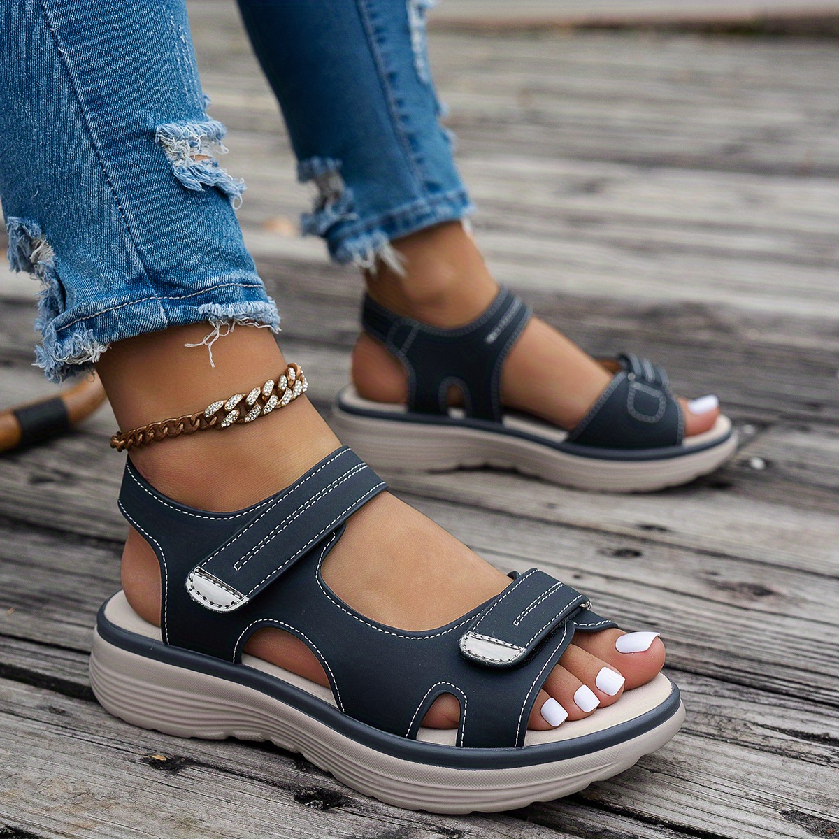Women's Casual Chunky Heel Sandals - Solid Color, All-Season, Hook-and-Loop Fastener Closure, Round Toe, Faux Cover