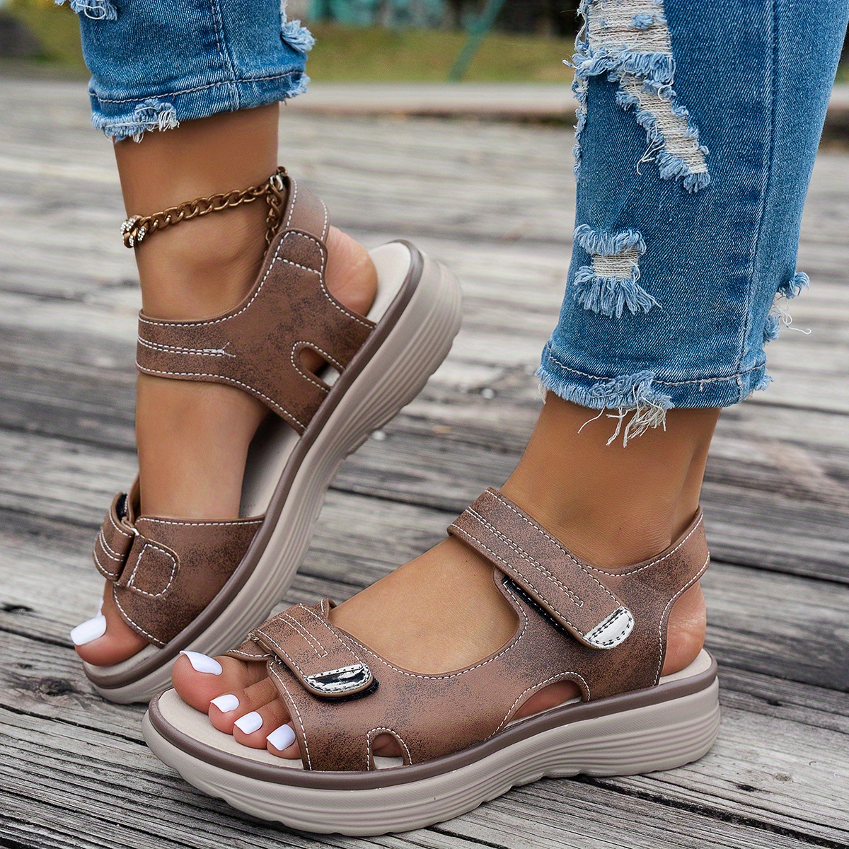 Women's Casual Chunky Heel Sandals - Solid Color, All-Season, Hook-and-Loop Fastener Closure, Round Toe, Faux Cover