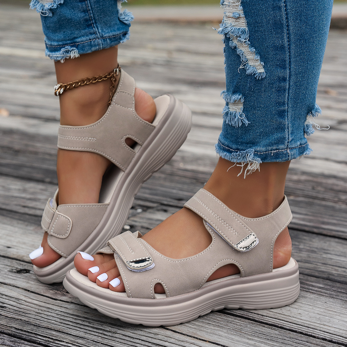 Women's Casual Chunky Heel Sandals - Solid Color, All-Season, Hook-and-Loop Fastener Closure, Round Toe, Faux Cover