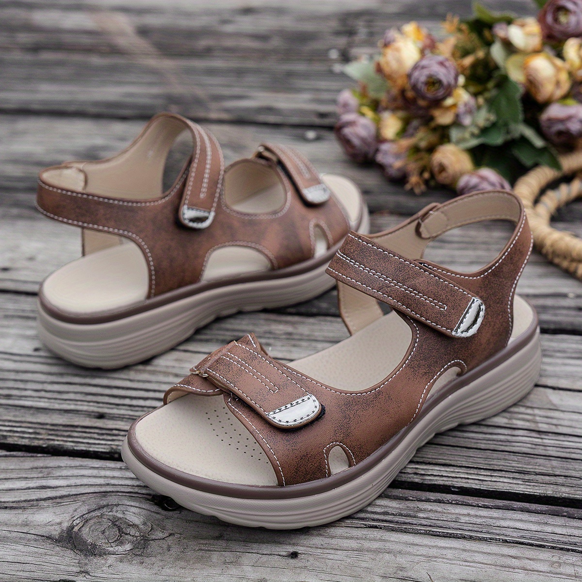 Women's Casual Chunky Heel Sandals - Solid Color, All-Season, Hook-and-Loop Fastener Closure, Round Toe, Faux Cover