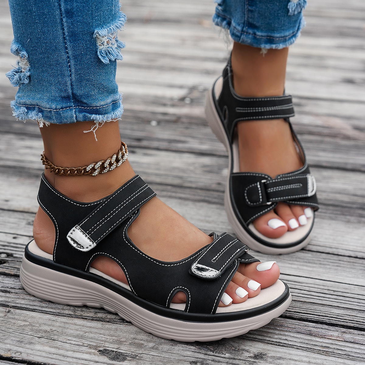 Women's Casual Chunky Heel Sandals - Solid Color, All-Season, Hook-and-Loop Fastener Closure, Round Toe, Faux Cover