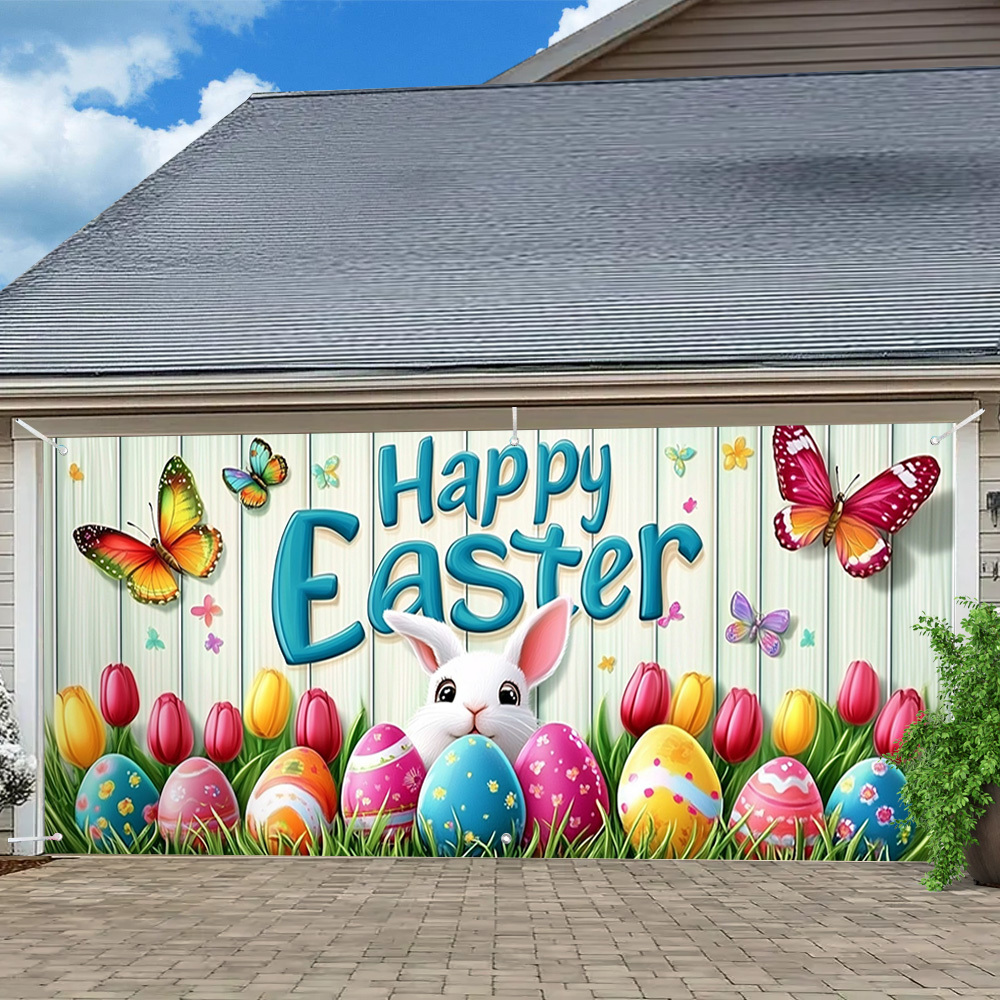 

1pc Easter Garage Door Cover - Contemporary Polyester Bunny & Eggs Design, No Electricity Needed, Featherless, Ideal For Outdoor & Family Events, Easy To Hang