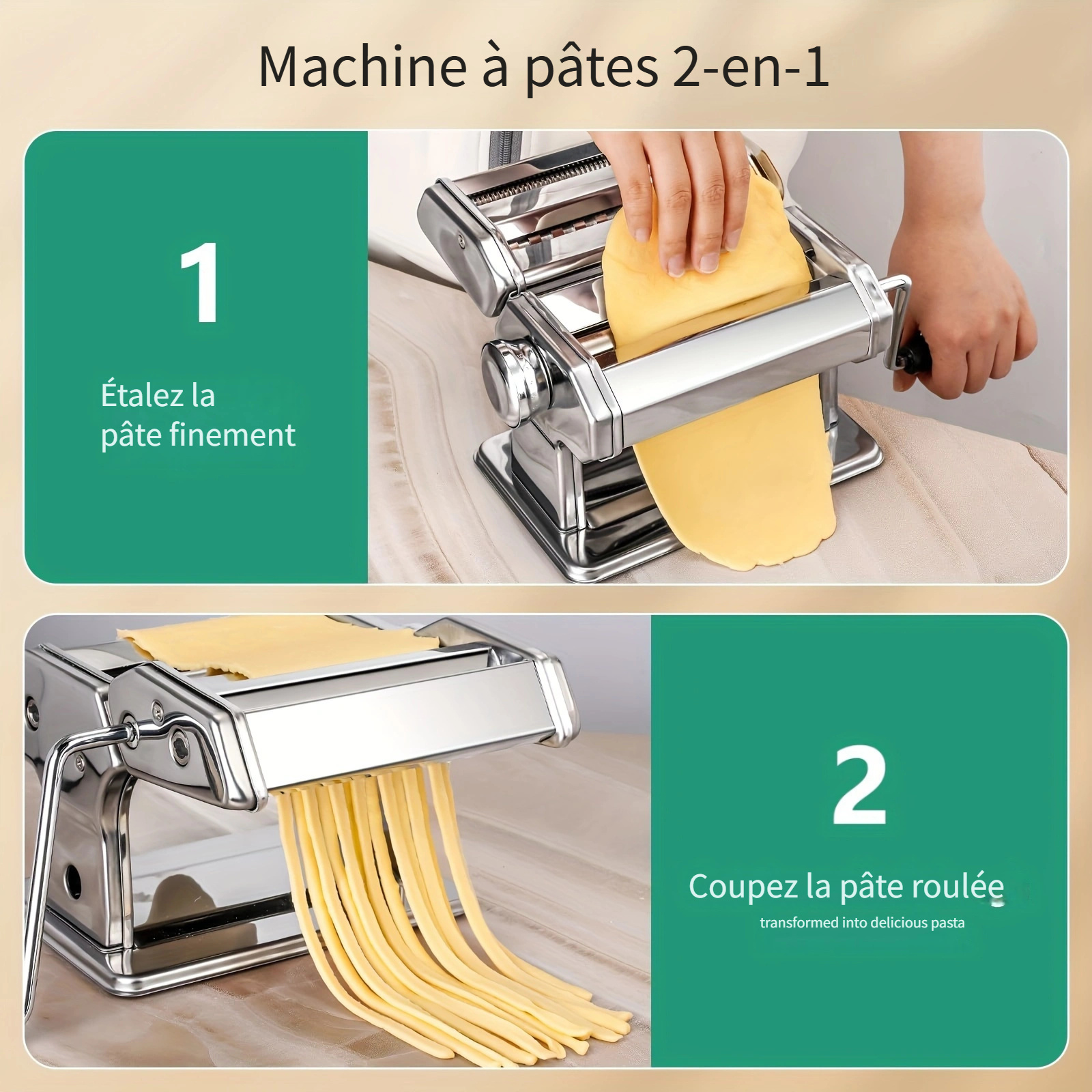 Machine à Pâtes Manuelle En Inox - Avec 5 Moules | Pour Spaghetti, Fettuccine, Lasagnes | Facile à Nettoyer
