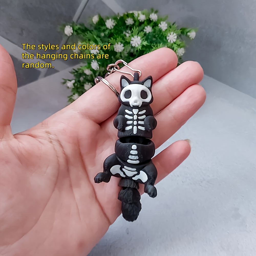 

1pc -chic 3d Printed Skeleton Cat Keychain - Cute And Spooky Plastic Pendant With Pink Beaded Hanging Chain, No Power Required, Featherless, Collectible !