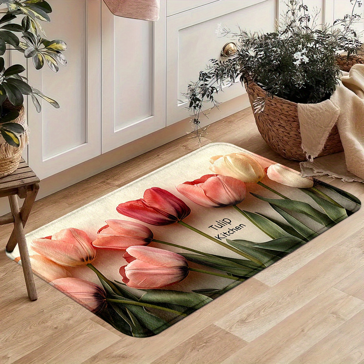 TEMU Tulip Printed Kitchen Rug Set, Machine Washable - Suitable For Bathroom, Kitchen, Bedroom, Living Room, Office, Outdoor Doormat - Holiday
