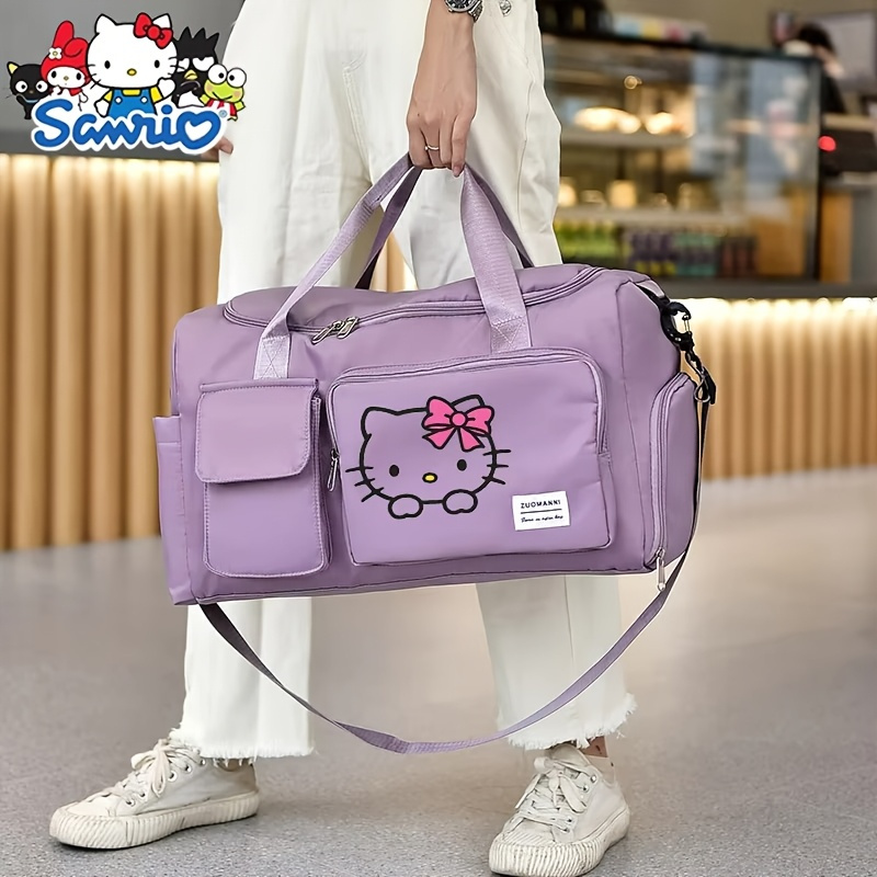 

Sac de voyage et de sport en tissu Oxford élégant avec compartiment à chaussures - Grande , sangle réglable, fermeture à glissière - Imprimé de dessin Sanrio Hello Kitty - Rose//Violet/Blanc