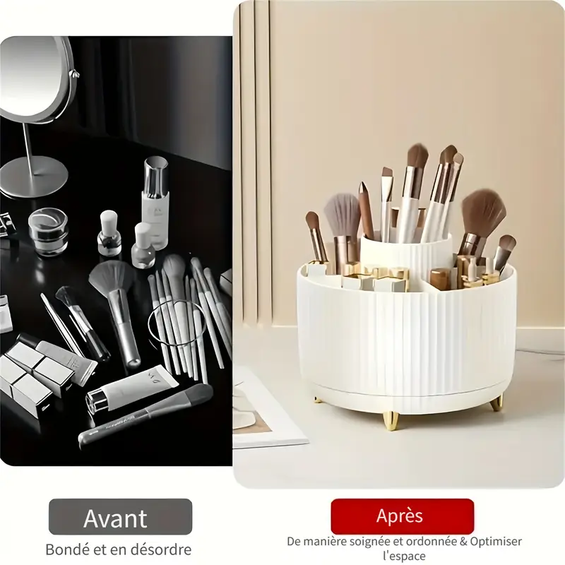 SLHEQING Porte-pinceaux De Maquillage Rotatif 360° - Vintage Noir Verre - 4 Compartiments Avec Plateau Miroir - Organiseur Bureau