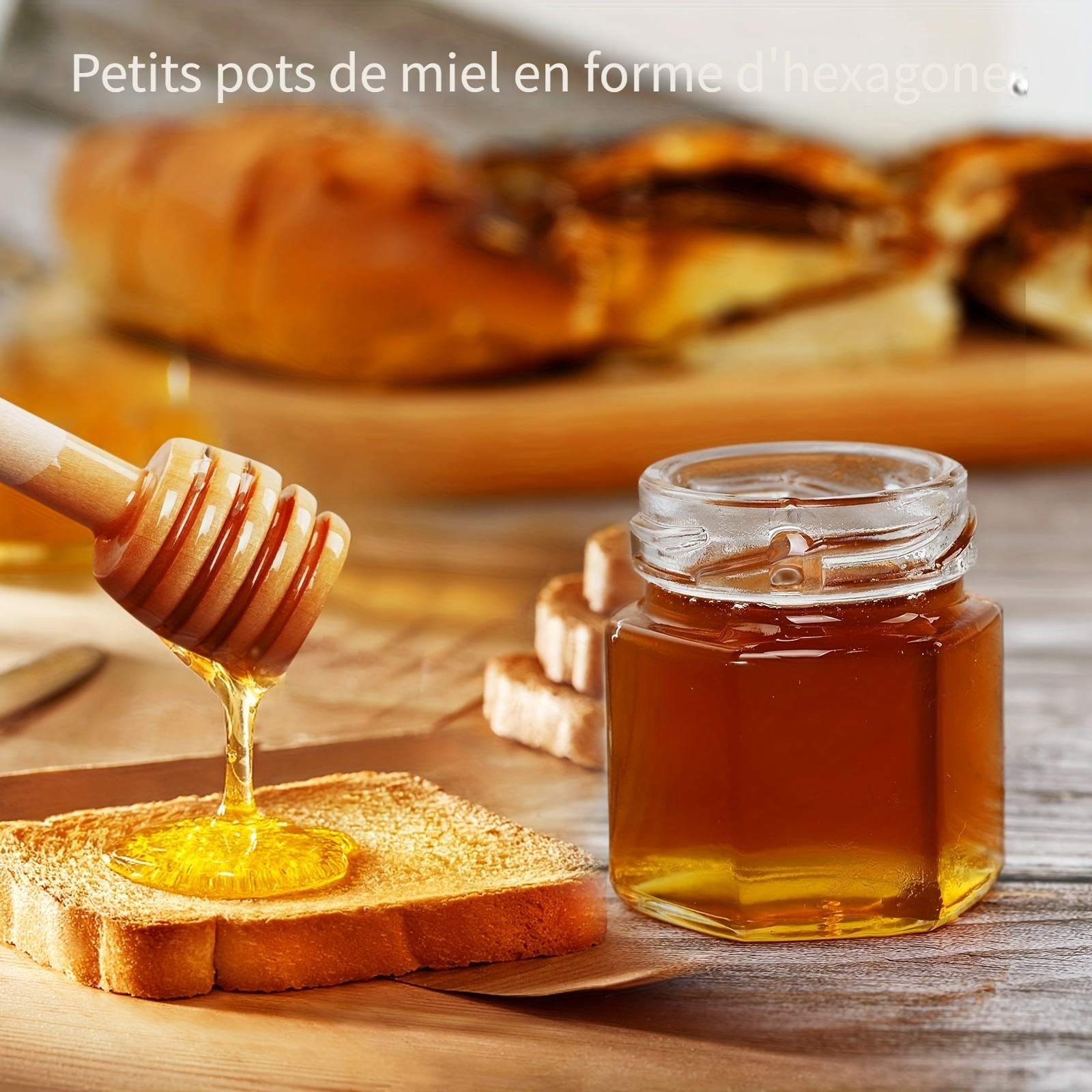 Pot à Miel Hexagonal En Verre Avec Cuillère - 340,2 G, Couvercle étanche, Idéal Cuisine Ou Cadeau