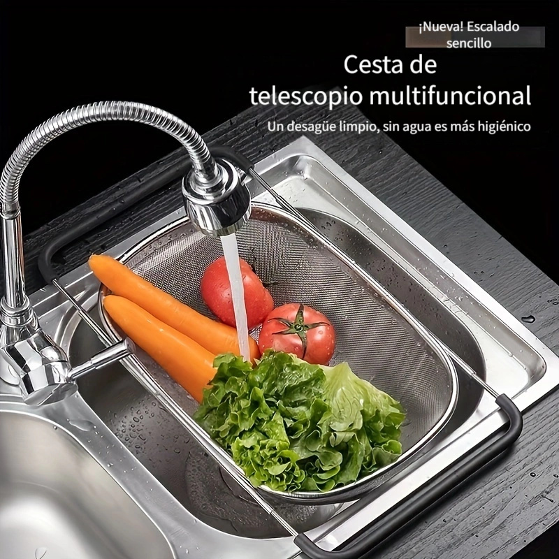 1 pza., Colador de fregadero, Cesta de lavado de verduras para fregadero, Cesta escurridora de frutas, Cesta escurridora de acero inoxidable, Cesta coladora, Rejilla ajustable para fregadero, Colador multifuncional, Utensilios de cocina, Gadgets de cocina, Accesorios de cocina