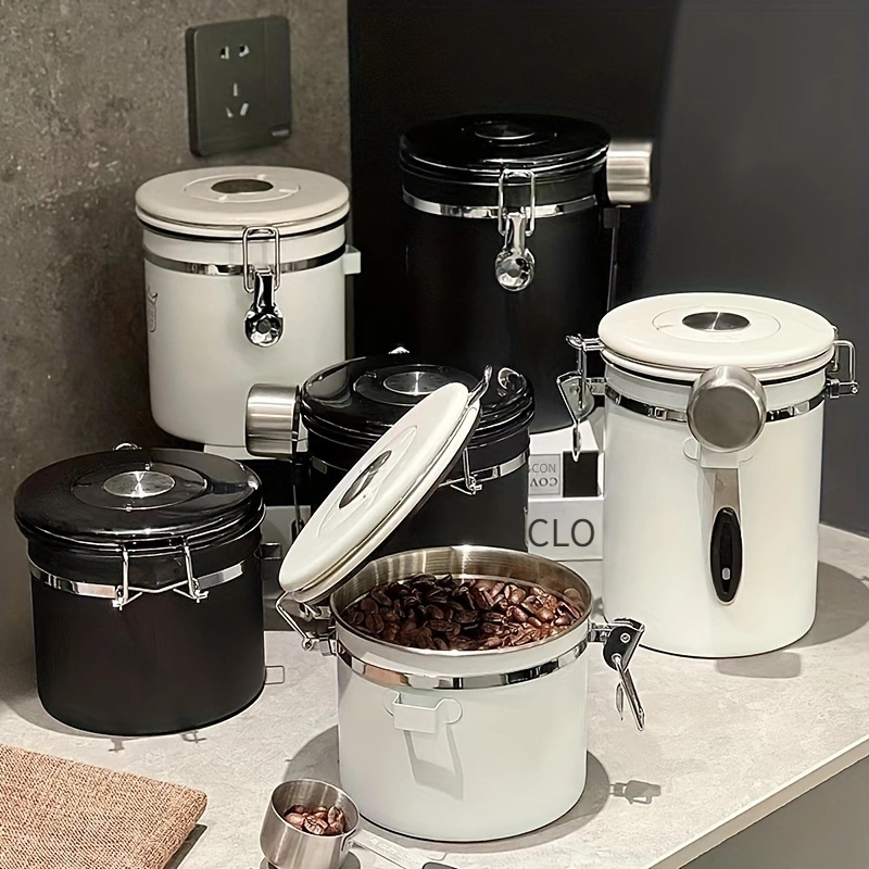 Contenitore Caff&egrave; Acciaio Inox 1.8L - Ermetico, Con Cucchiaio E Ruota Data, Per Conservazione Alimenti