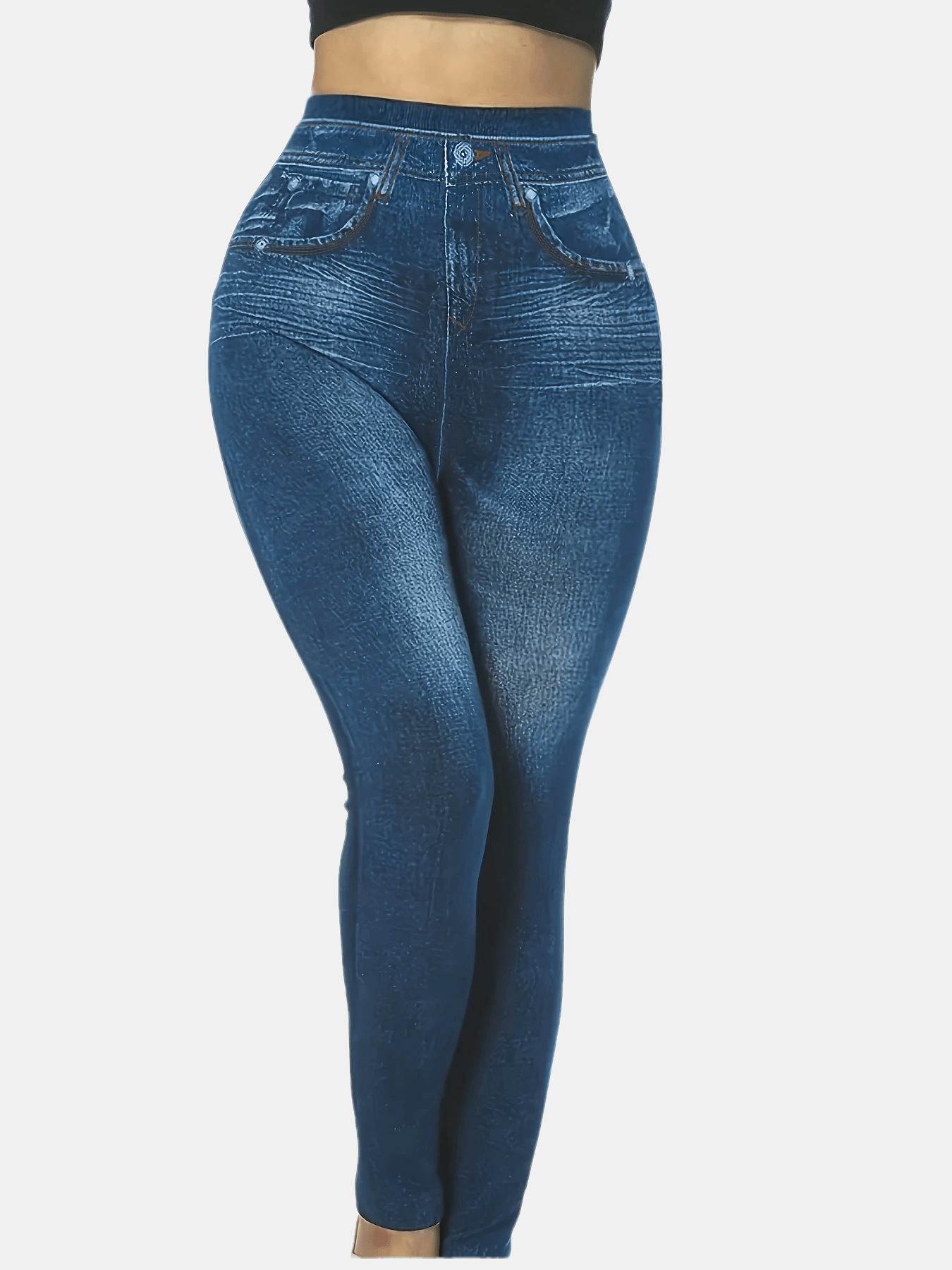 Plus Size Women's Casual Style All-Season Stretch Denim-Look Leggings - High Elasticity, Machine Washable, Faux Pockets Detail, Polyester & Elastane Blend, Smooth Fabric, Ideal for Vacation, Plus Size Jeans.Non-denim pants with denim print