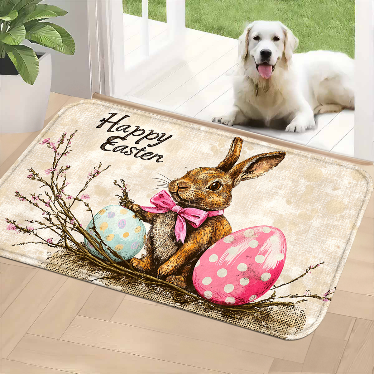 TEMU Easter Decorations, Branches, Rabbits, Pink Bows, Easter Eggs, Text "" Kitchen Mat Set, Polyester Machine Washable Knitted Running Mat For Home,